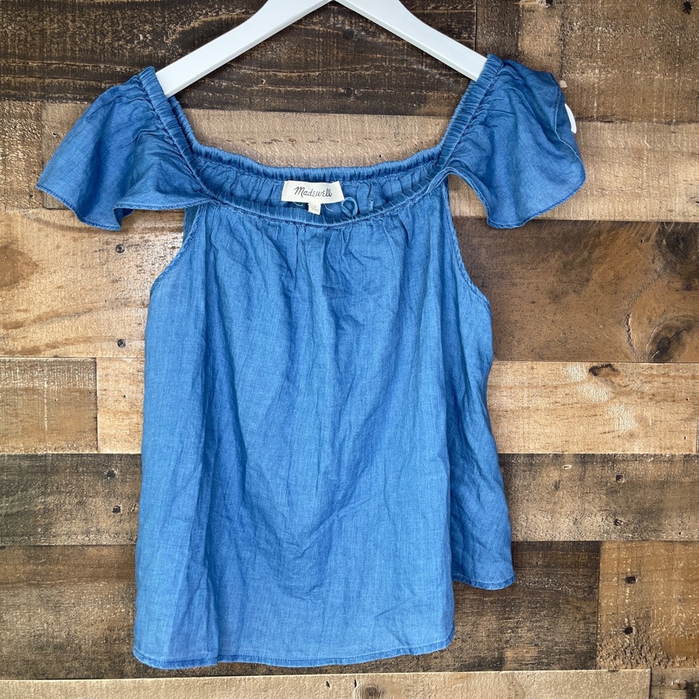 Madewell Off Shoulder Blue Ruffle Sleeve Casual Chambray Blouse Woman's Medium - Picture 2 of 5